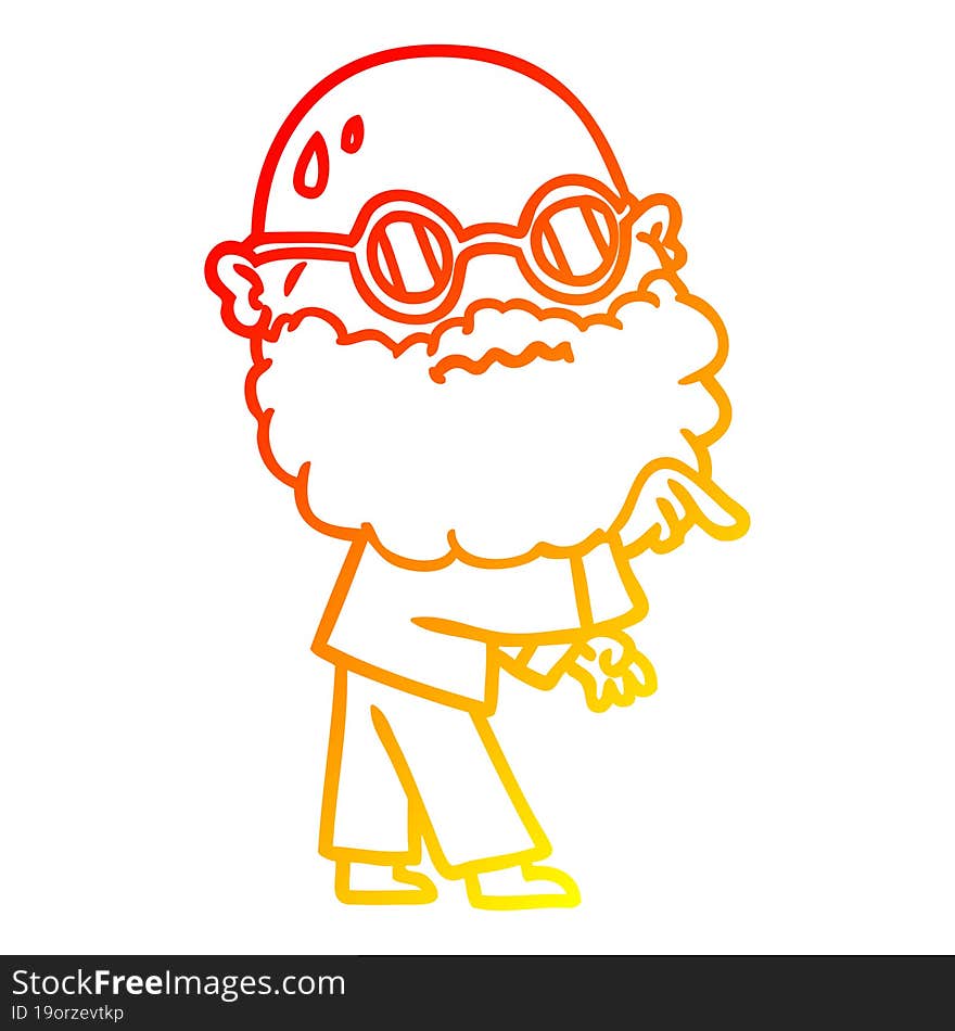 warm gradient line drawing of a cartoon worried man with beard and spectacles pointing finger