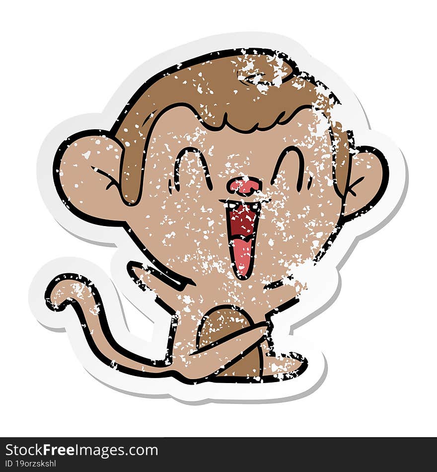 distressed sticker of a cartoon laughing monkey