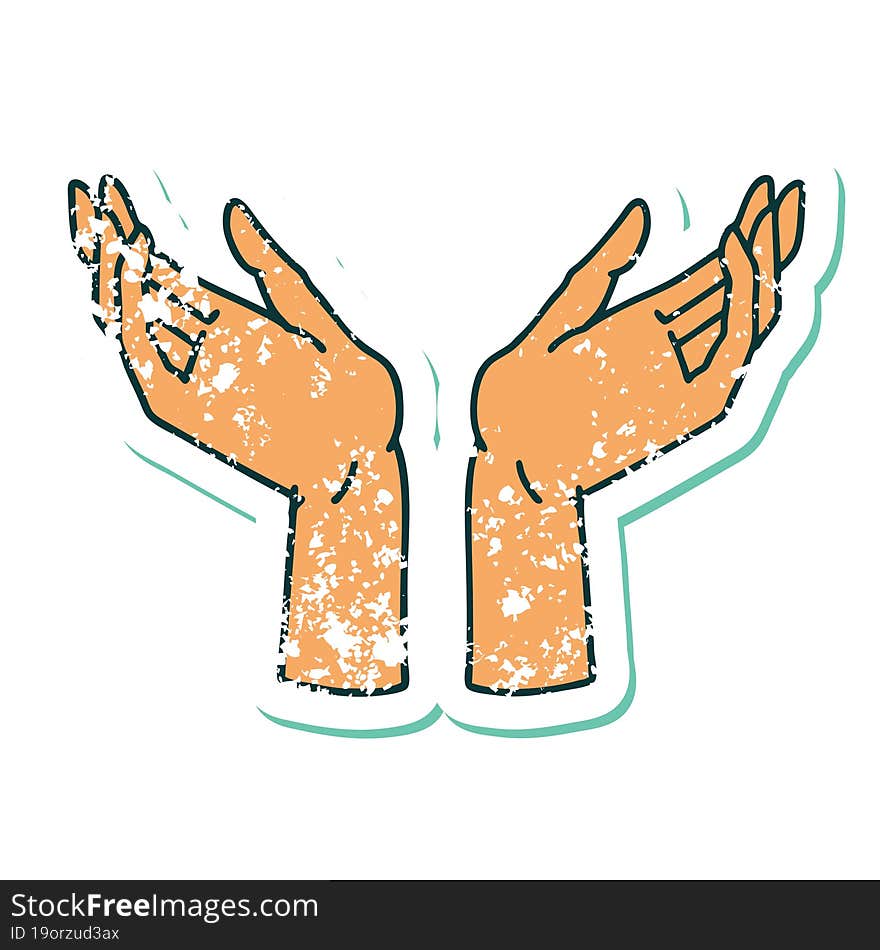 iconic distressed sticker tattoo style image of open hands. iconic distressed sticker tattoo style image of open hands