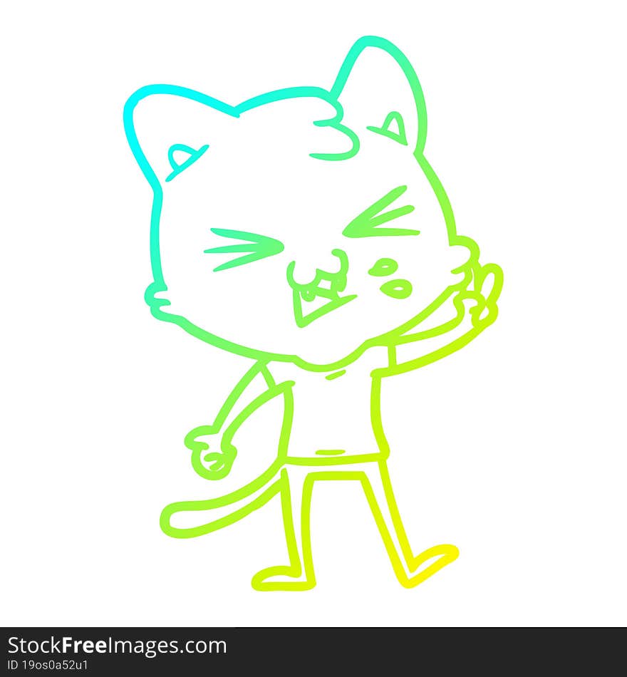 cold gradient line drawing of a cartoon cat hissing