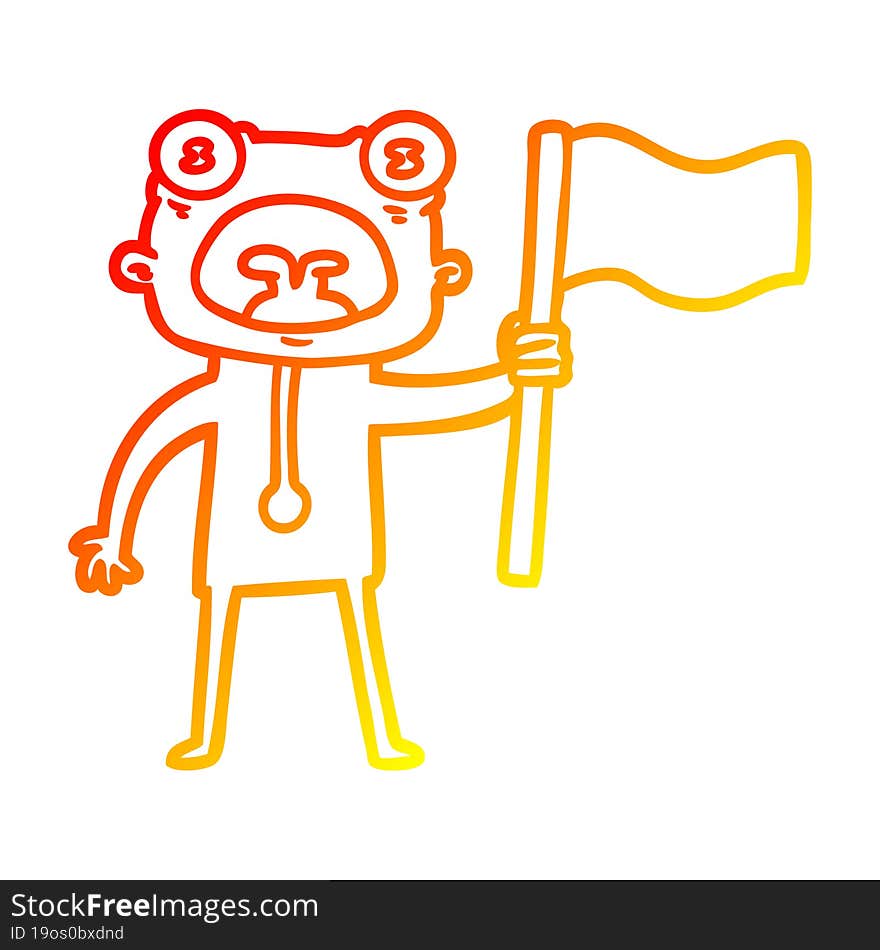 Warm Gradient Line Drawing Cartoon Weird Alien With Flag