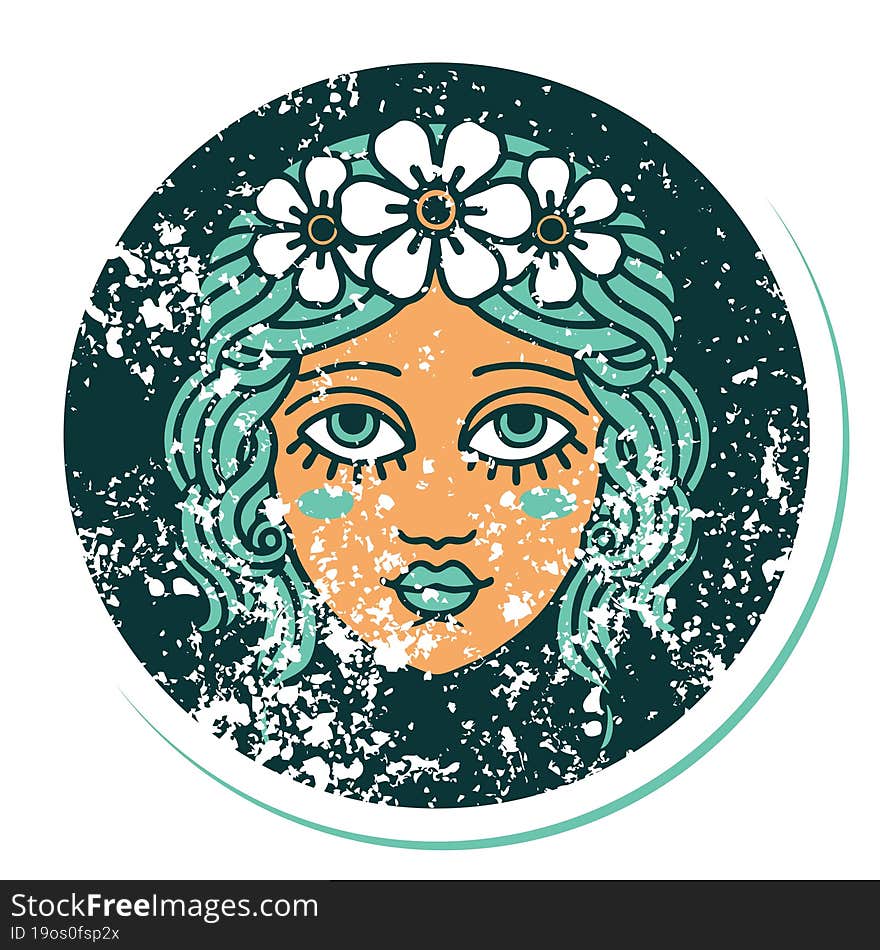 distressed sticker tattoo style icon of female face with crown of flowers