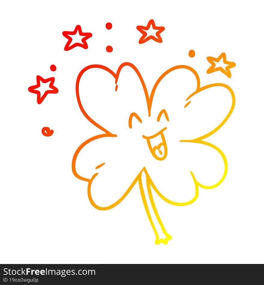 warm gradient line drawing of a happy cartoon four leaf clover