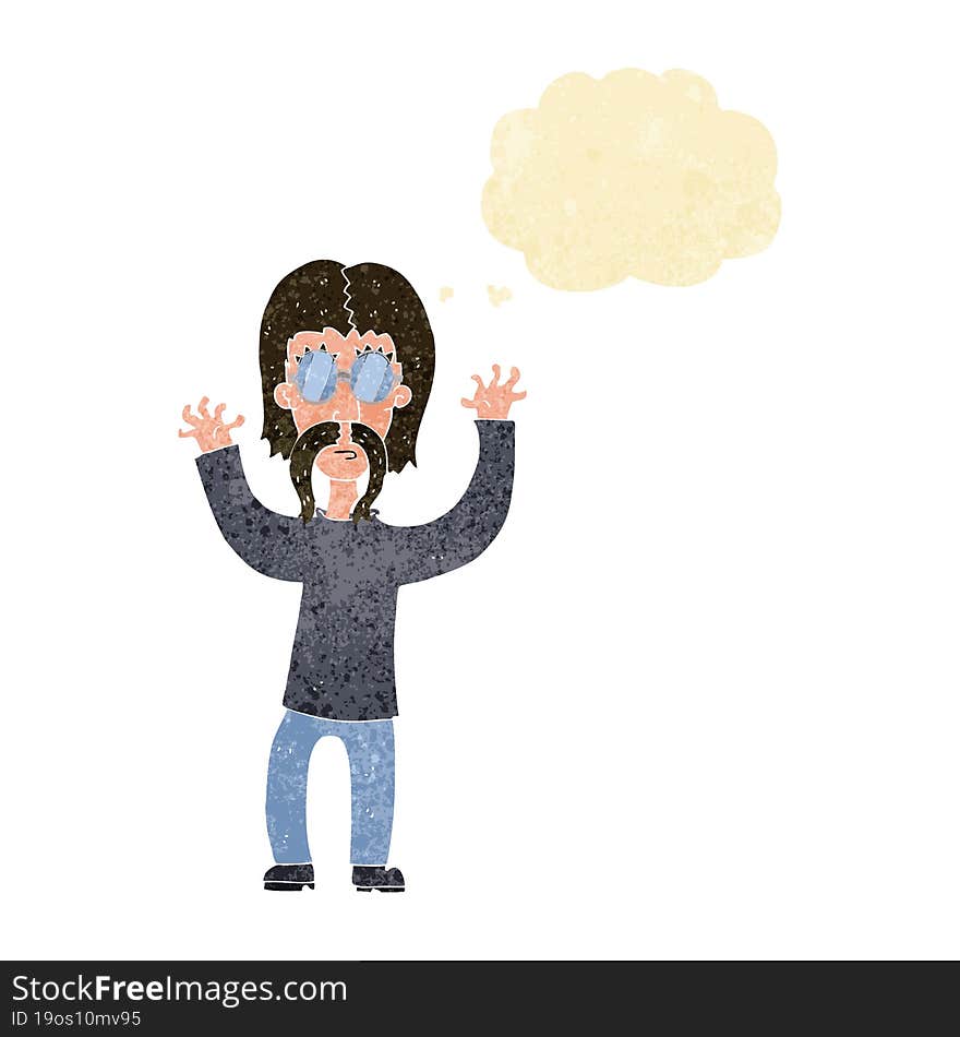 Cartoon Hippie Man Waving Arms With Thought Bubble