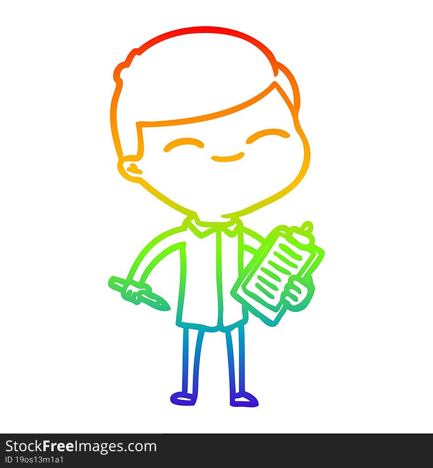 rainbow gradient line drawing of a cartoon smiling man with clip board