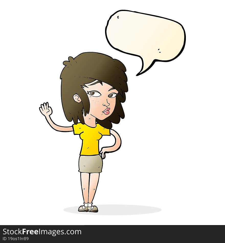 Cartoon Pretty Woman Waving With Speech Bubble