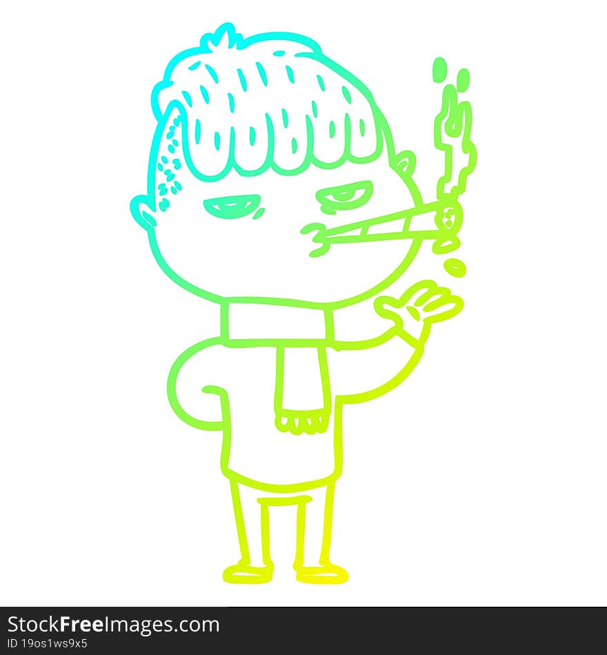 cold gradient line drawing cartoon man smoking