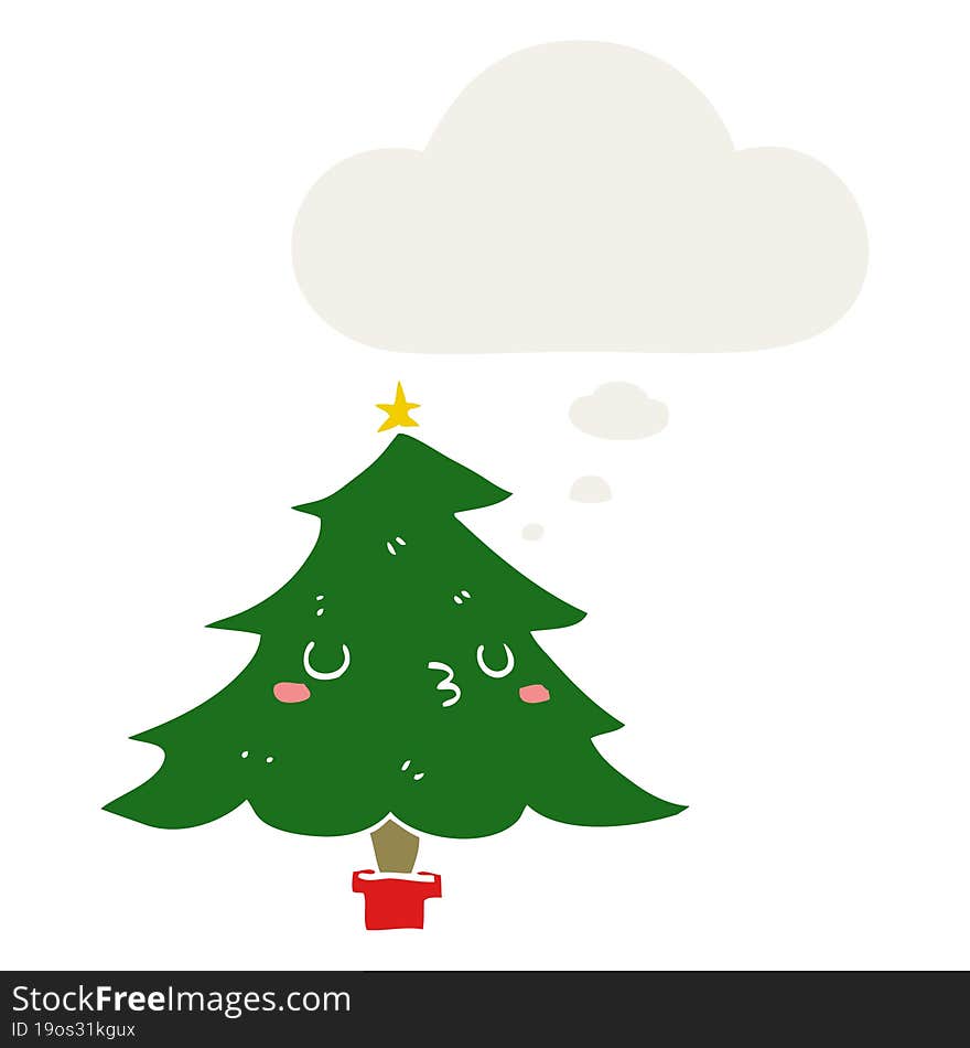 Cute Cartoon Christmas Tree And Thought Bubble In Retro Style