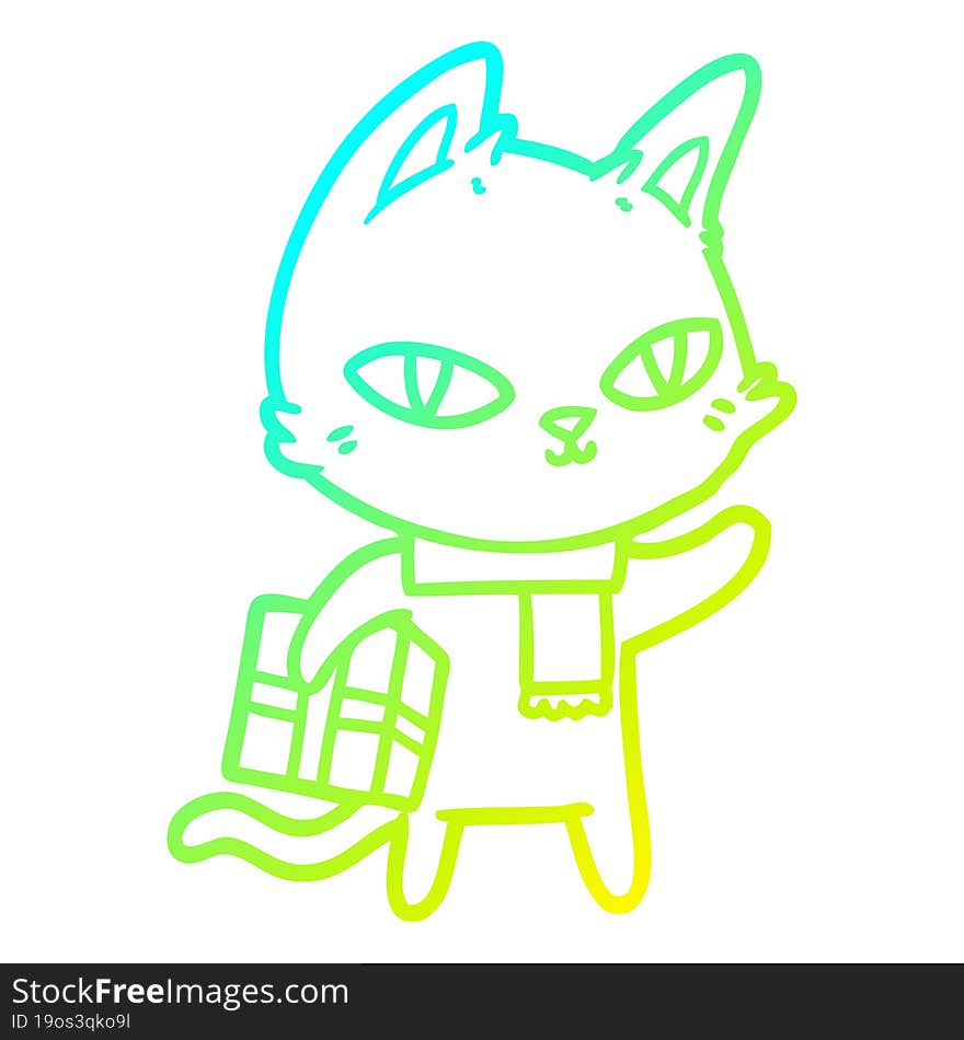 Cold Gradient Line Drawing Cartoon Cat With Gift