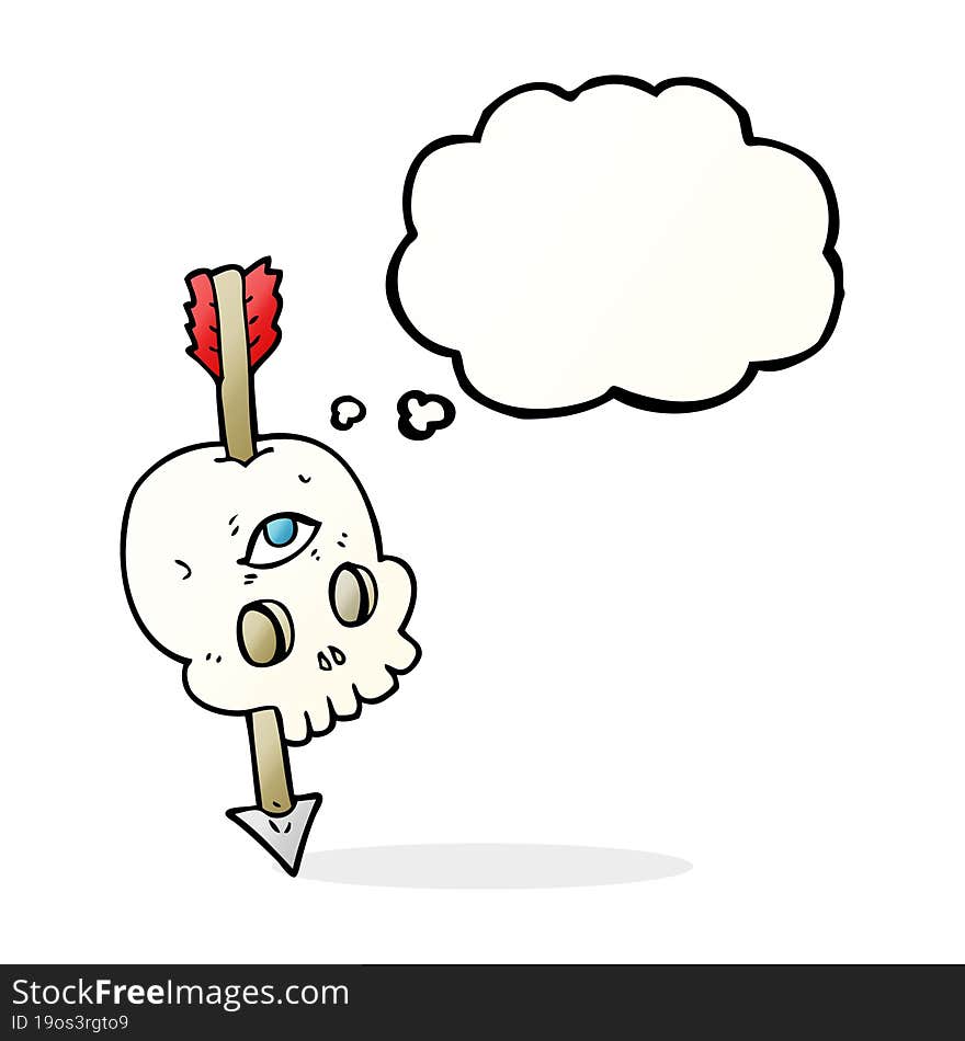 freehand drawn thought bubble cartoon magic skull with arrow through brain