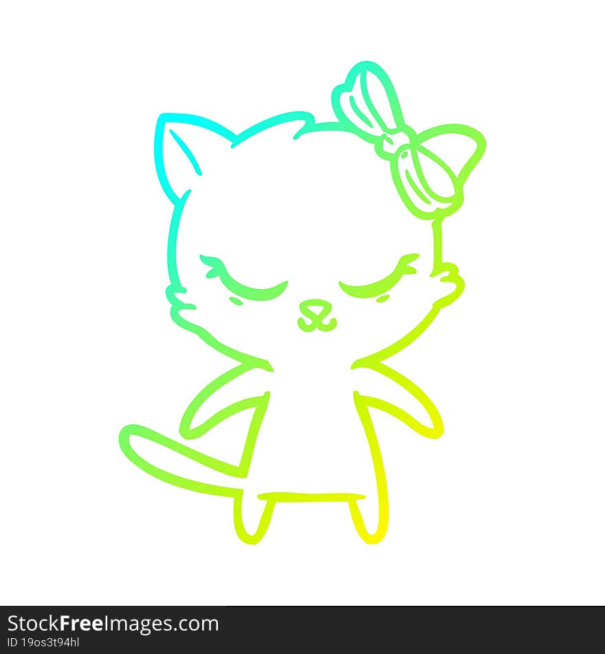 cold gradient line drawing of a cute cartoon cat with bow