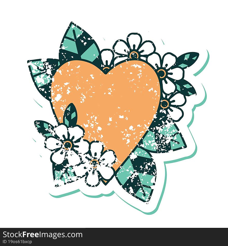 distressed sticker tattoo style icon of a botanical heart