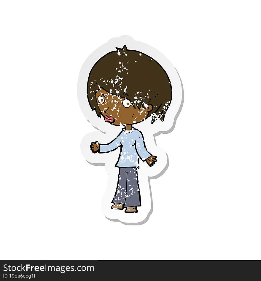 retro distressed sticker of a cartoon confused woman