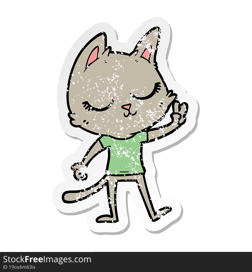 distressed sticker of a calm cartoon cat giving peace sign