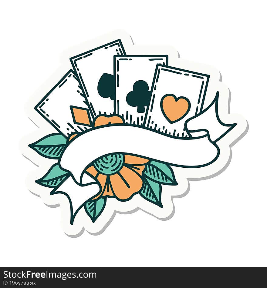 tattoo style sticker of cards and banner