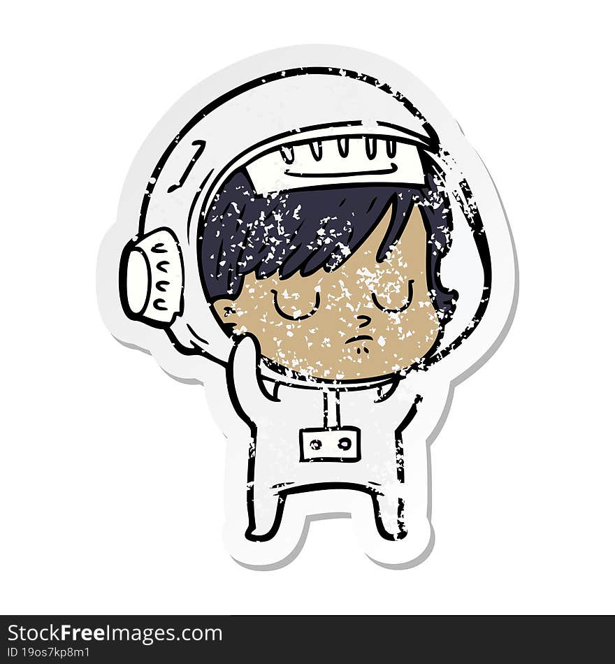 distressed sticker of a cartoon astronaut woman