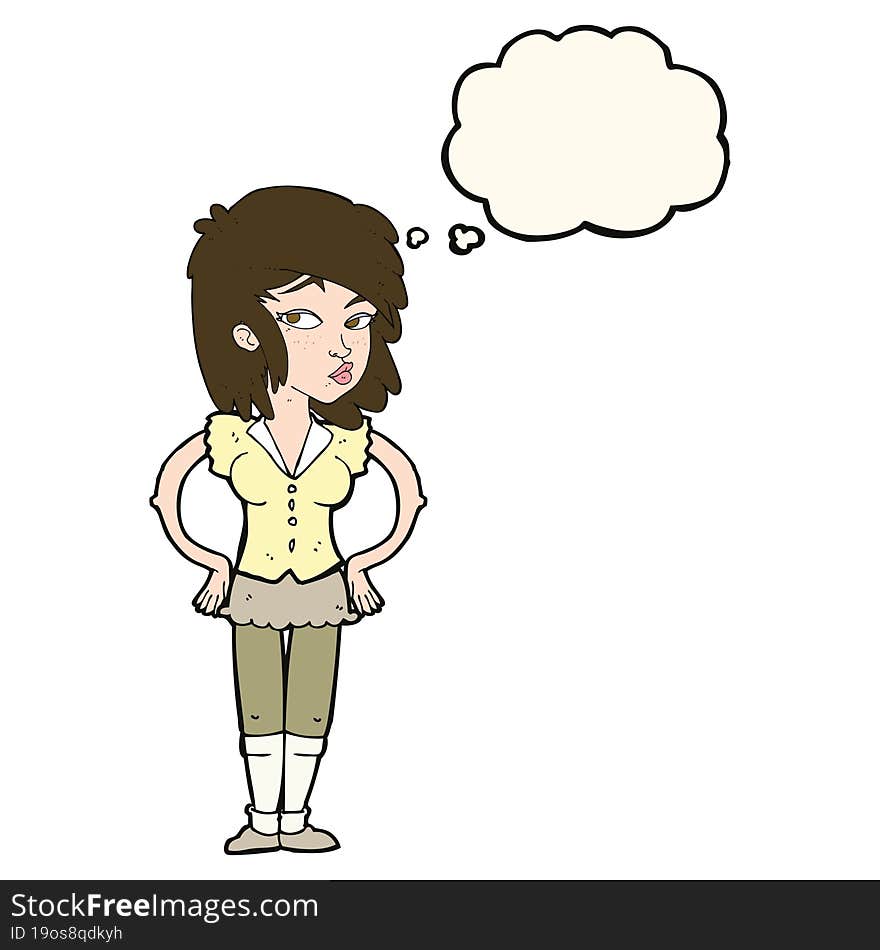 cartoon pretty woman with hands on hips with thought bubble