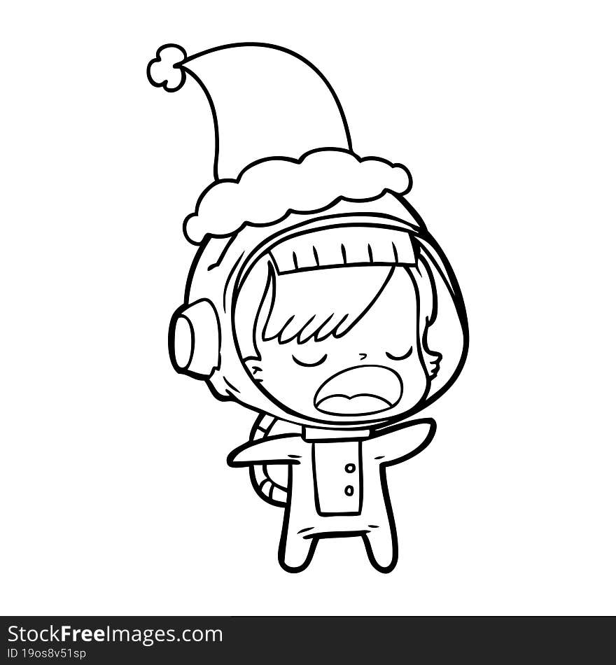 line drawing of a talking astronaut woman wearing santa hat