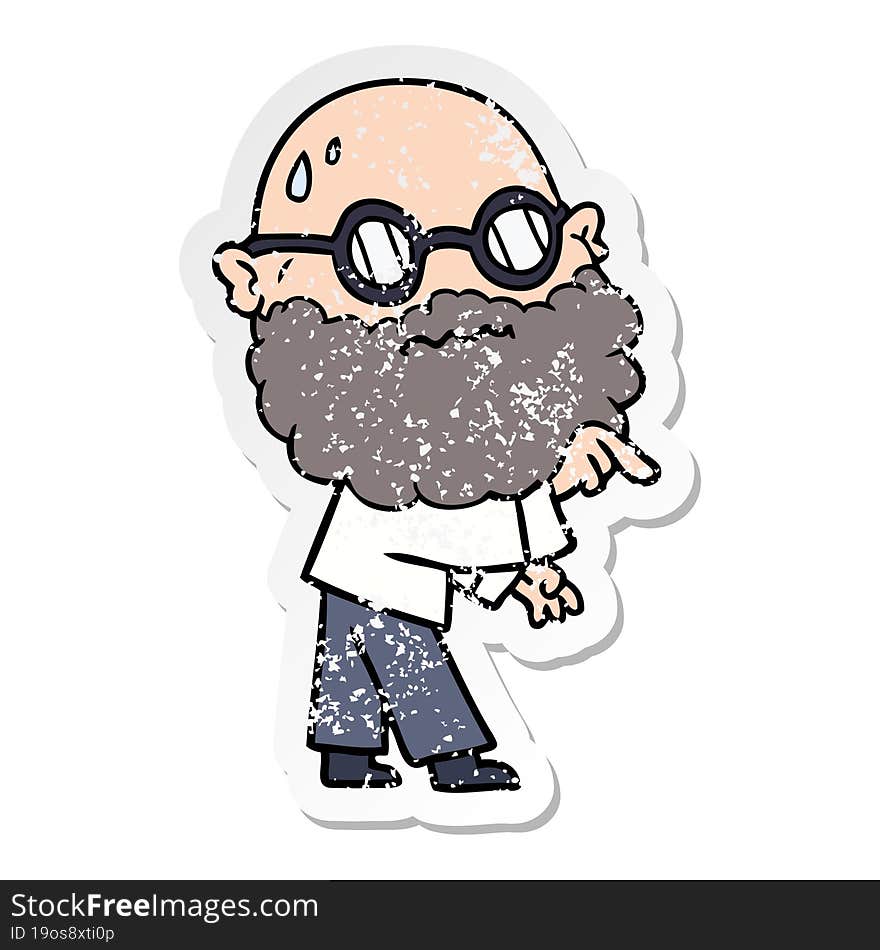 distressed sticker of a cartoon worried man with beard and spectacles pointing finger