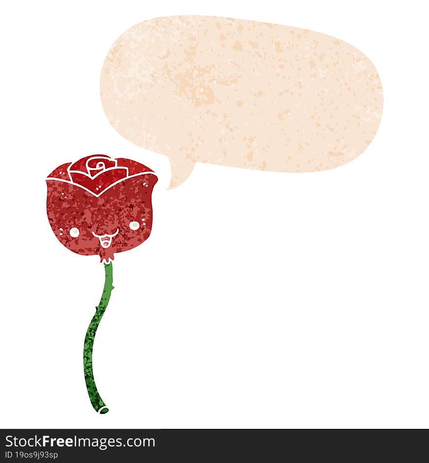 cartoon flower and speech bubble in retro textured style