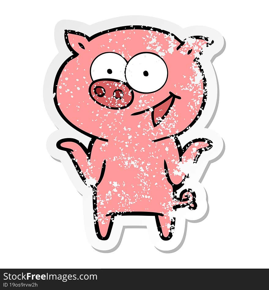 distressed sticker of a cartoon pig with no worries