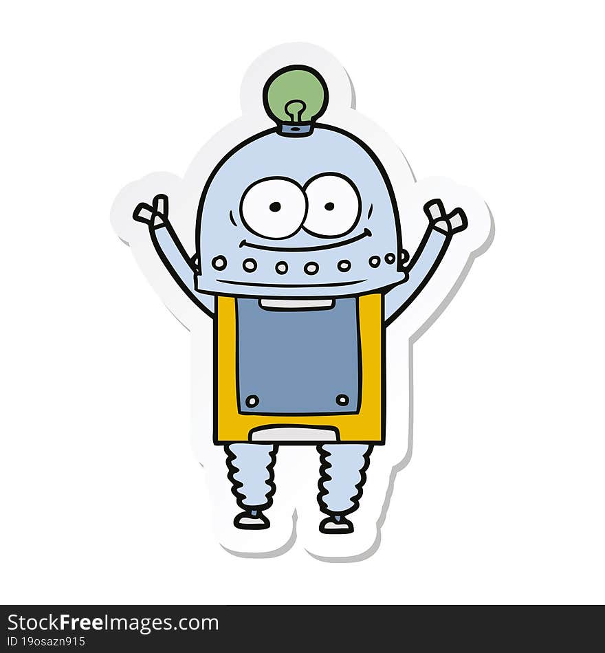 sticker of a happy carton robot with light bulb