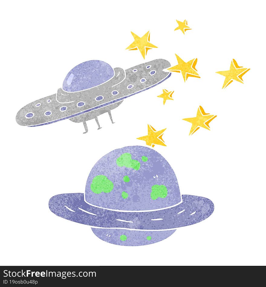 retro cartoon flying saucer and planet