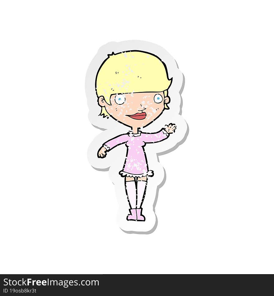 retro distressed sticker of a cartoon waving woman