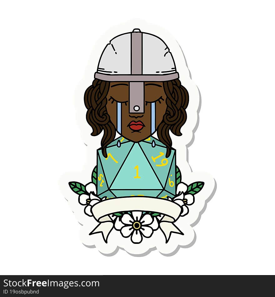 crying human fighter with natural one D20 dice sticker