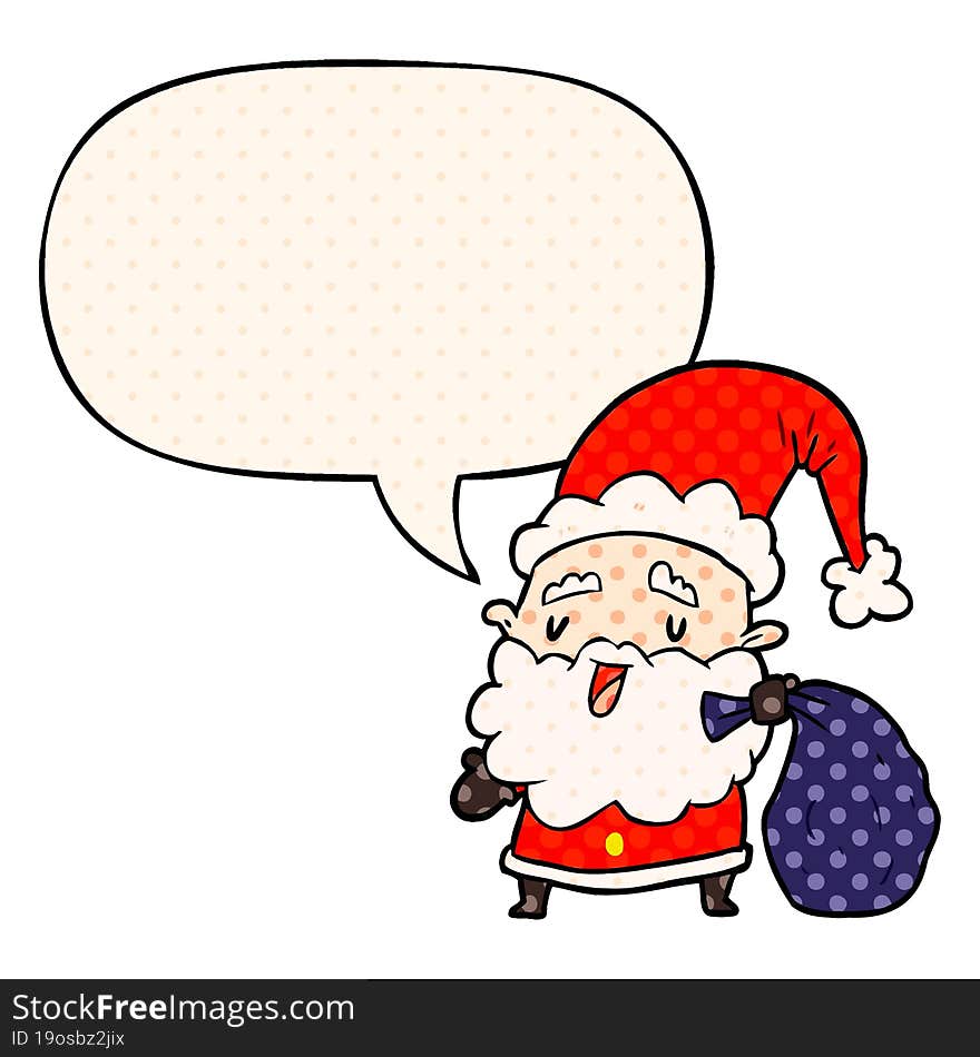 Cartoon Santa Claus Carrying Sack Of Presents And Speech Bubble In Comic Book Style