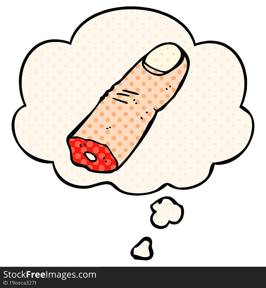 cartoon severed finger with thought bubble in comic book style