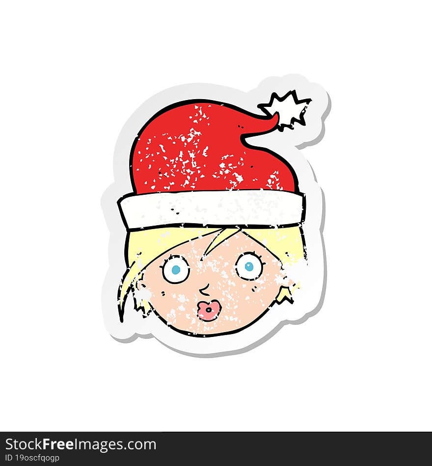 Retro Distressed Sticker Of A Cartoon Woman Wearing Christmas Hat