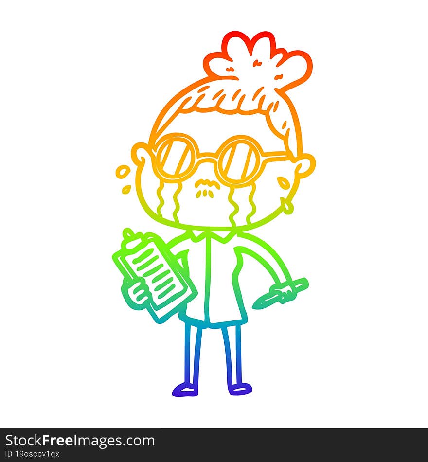 rainbow gradient line drawing cartoon crying woman wearing spectacles