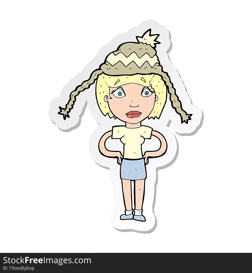 sticker of a cartoon woman wearing winter hat