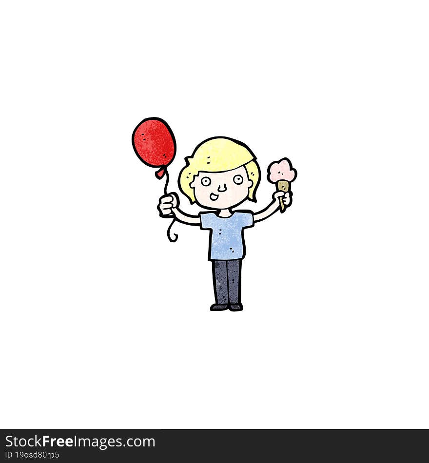 Cartoon Boy With Balloon And Ice Cream