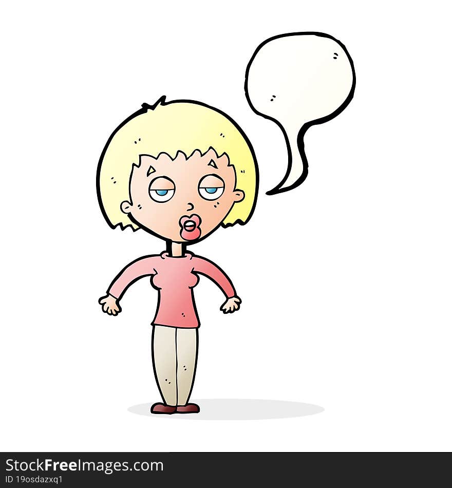 cartoon woman shrugging shoulders with speech bubble