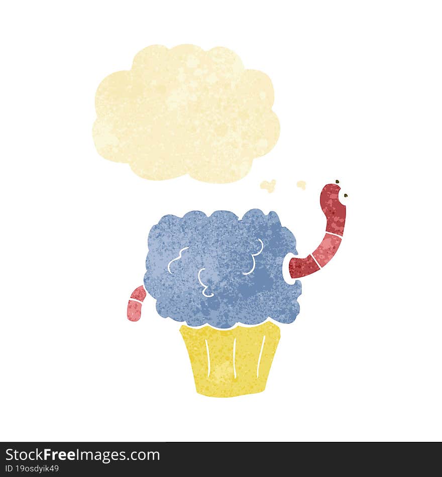 cartoon worm in cupcake with thought bubble