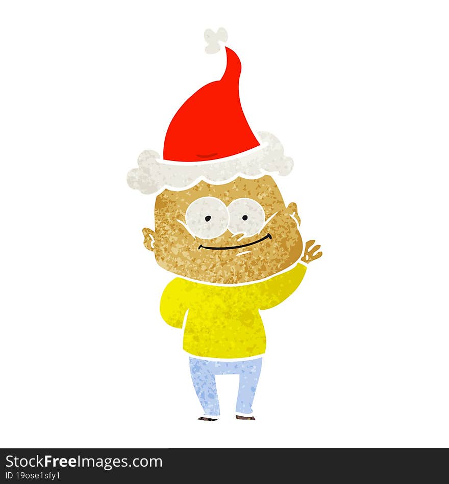 Retro Cartoon Of A Bald Man Staring Wearing Santa Hat