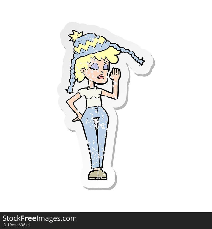 retro distressed sticker of a cartoon woman wearing winter hat