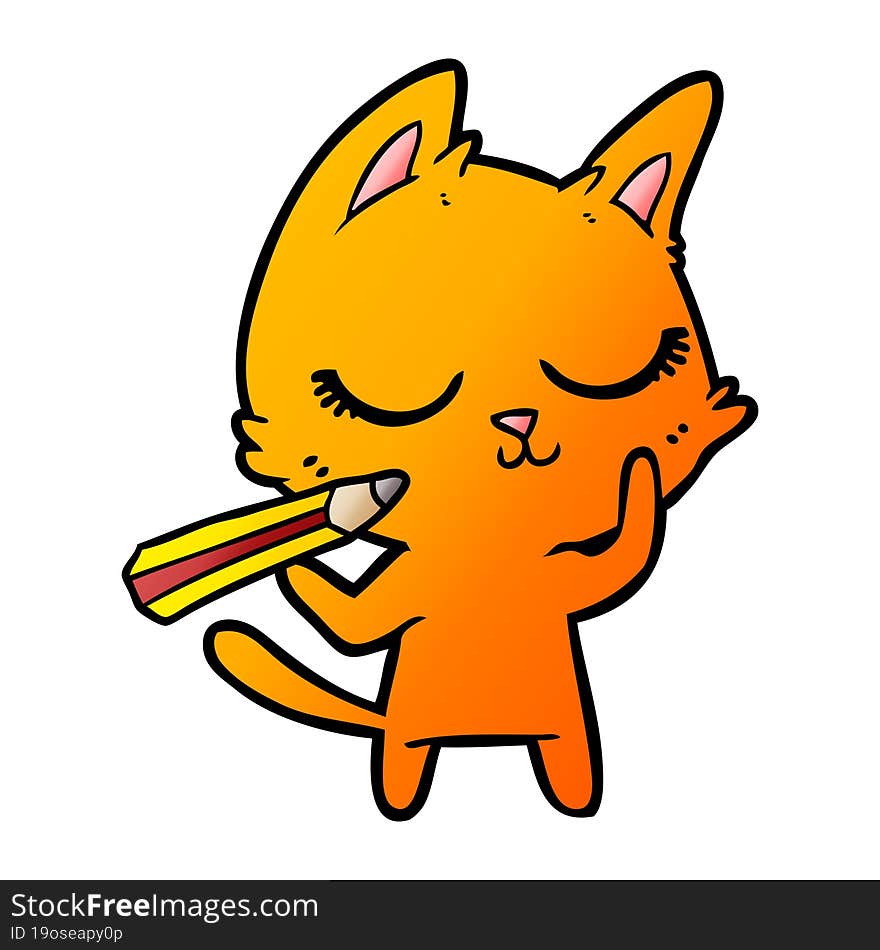 calm cartoon cat with pencil. calm cartoon cat with pencil