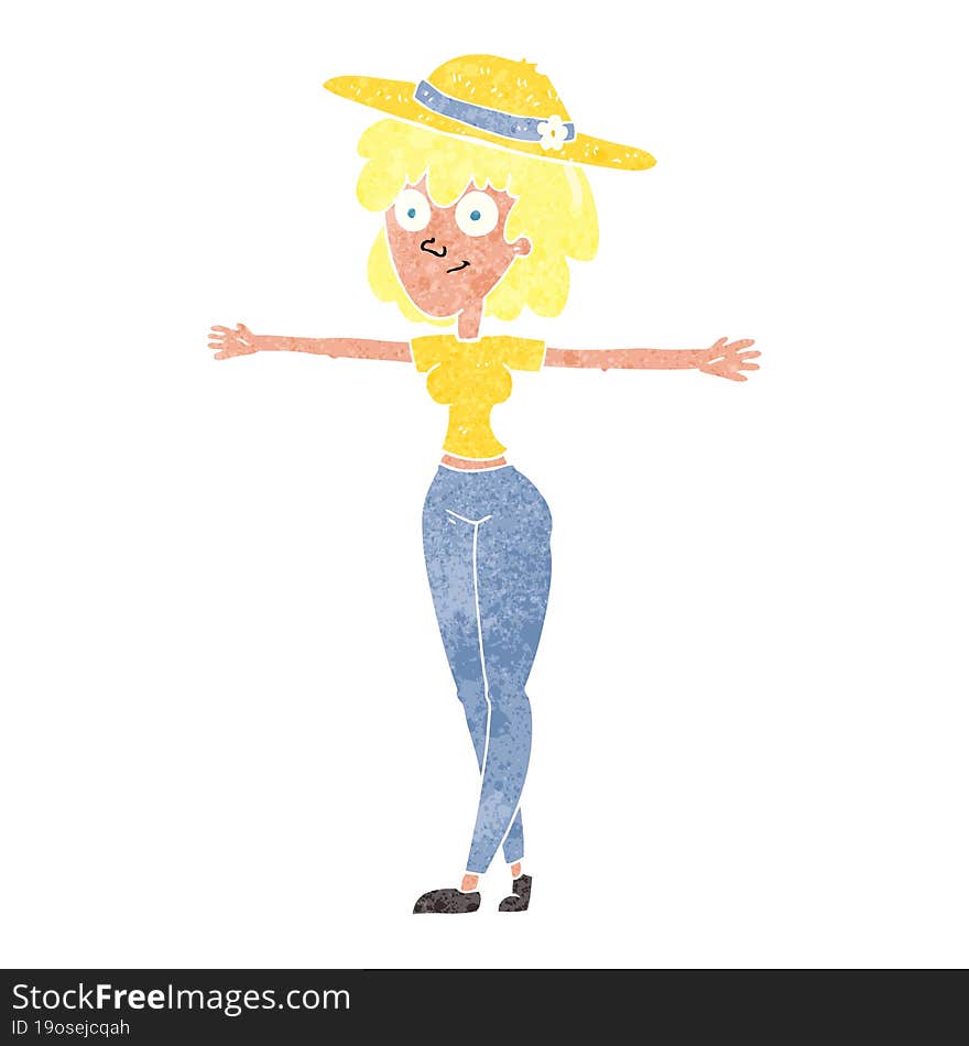 Retro Cartoon Woman Spreading Arms