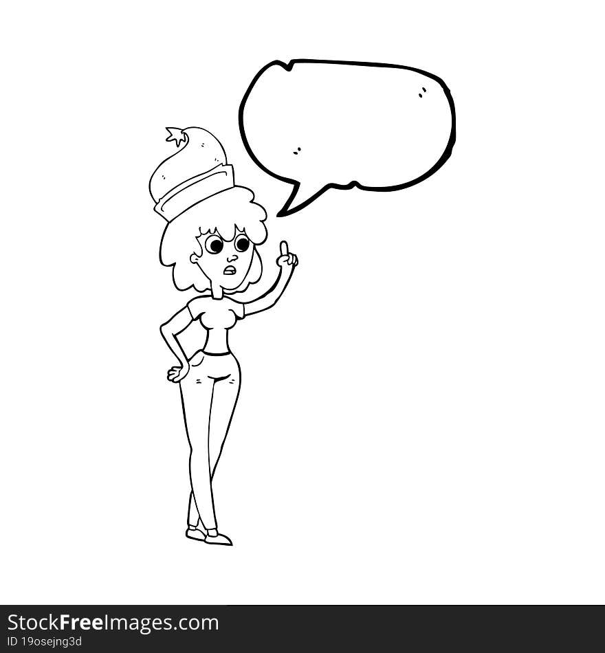 freehand drawn speech bubble cartoon woman wearing santa hat