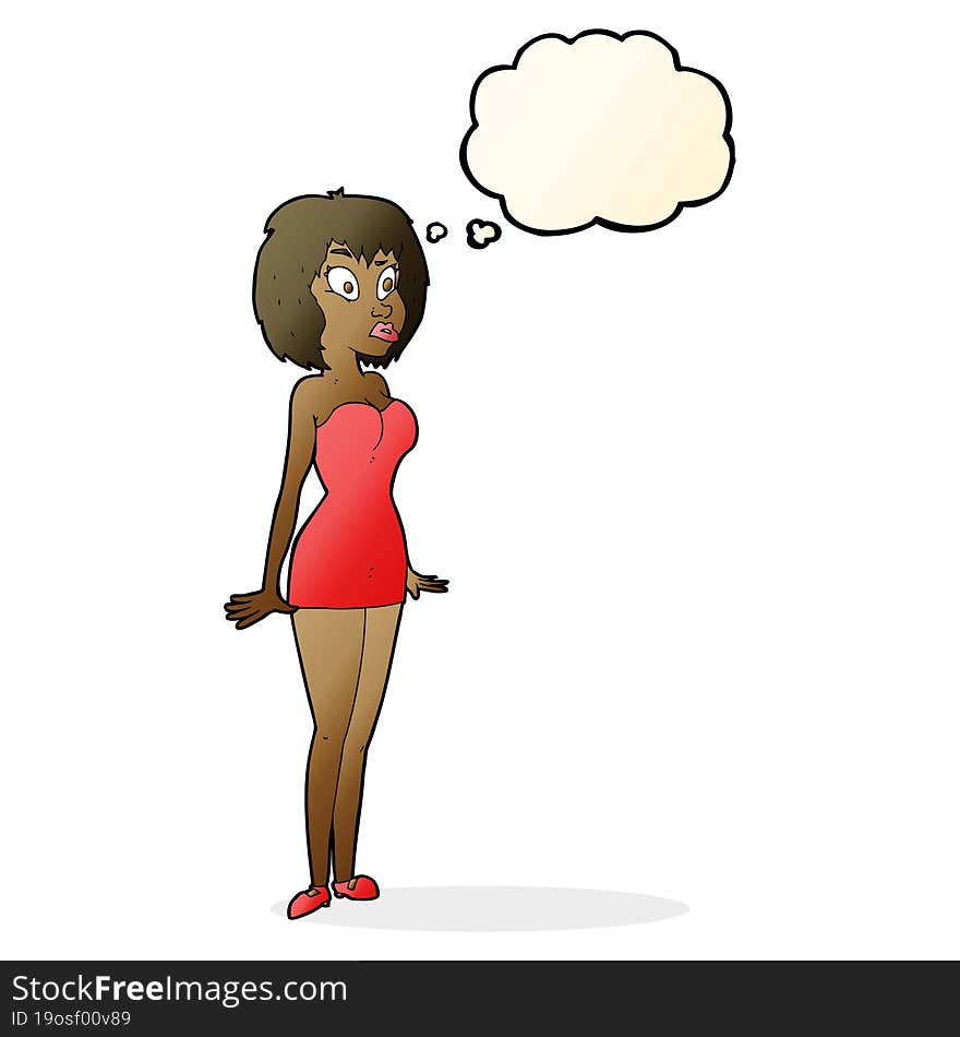 Cartoon Surprised Woman In Short Dress With Thought Bubble