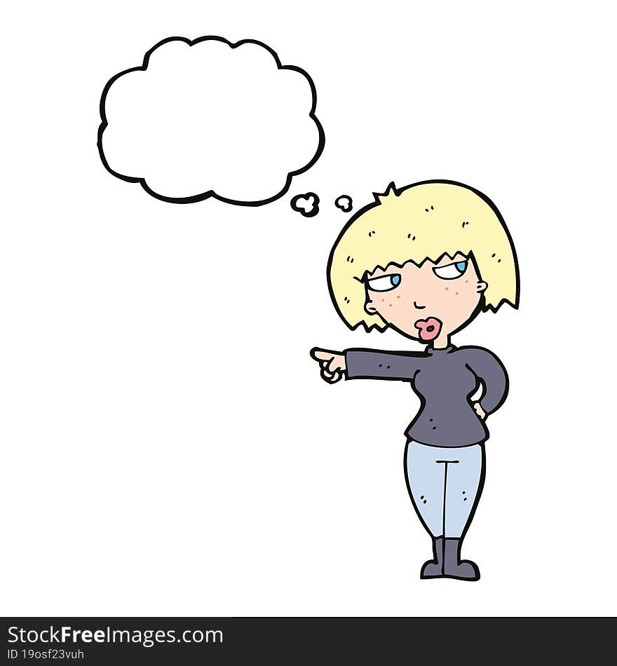 cartoon annoyed woman pointing with thought bubble