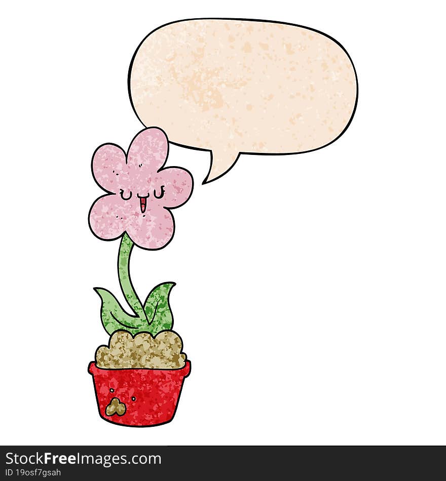 cute cartoon flower with speech bubble in retro texture style