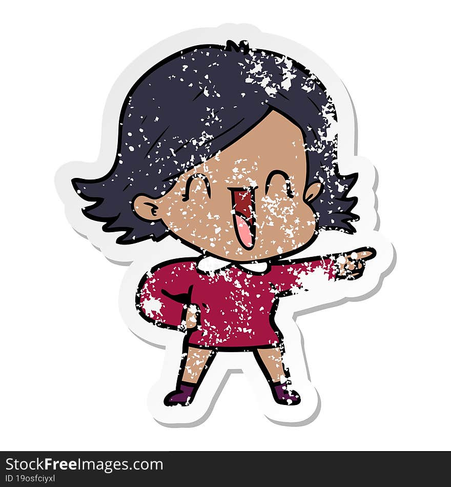 distressed sticker of a cartoon laughing woman pointing