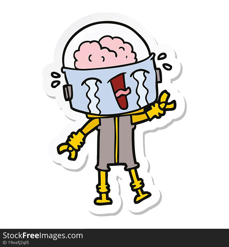 sticker of a cartoon crying robot waving