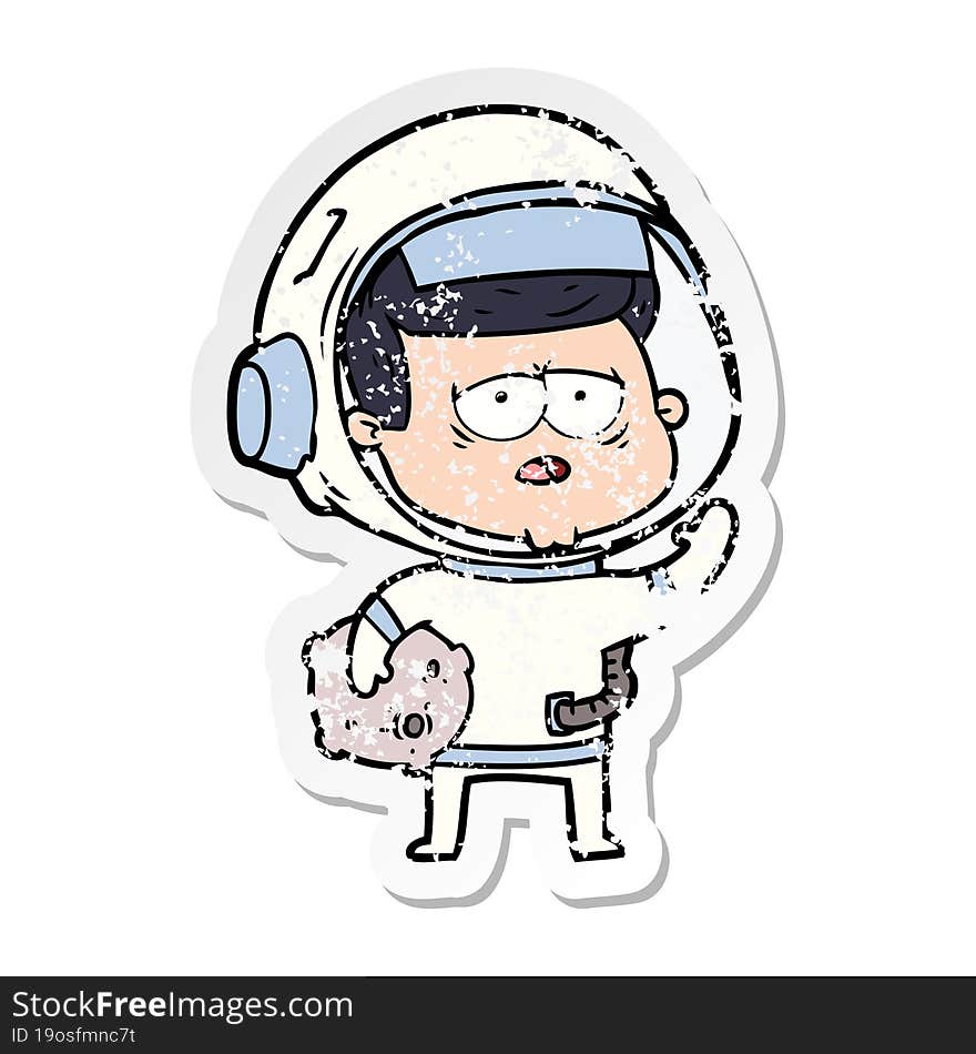 distressed sticker of a cartoon tired astronaut