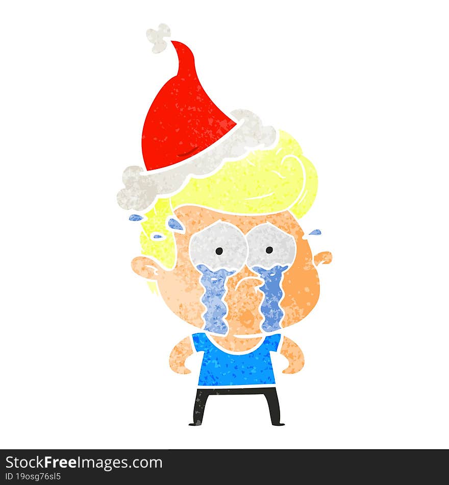 retro cartoon of a crying man wearing santa hat