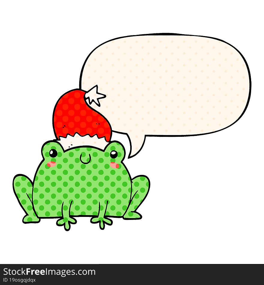 cute cartoon christmas frog and speech bubble in comic book style